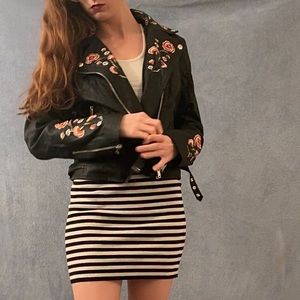 Black flowered faux leather jacket